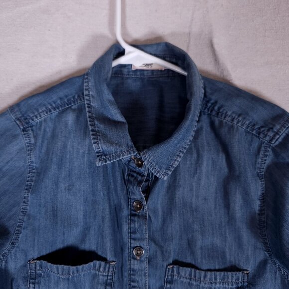 Silver Jeans Shirt Dress Medium Chambray Blue Denim-Like Button Front Drawstring - Picture 6 of 13